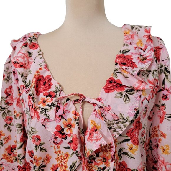 Old Navy Size L  "Bed of Flowers" Pink Floral Ruffle Trim Blouse, NEW with Tag - Picture 4 of 16